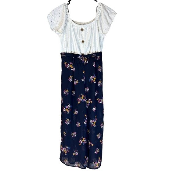 (6 for $25)Knit Works Girls Eyelet Floral Mixed Media Short Sleeve Jumpsuit -14 - Picture 1 of 5